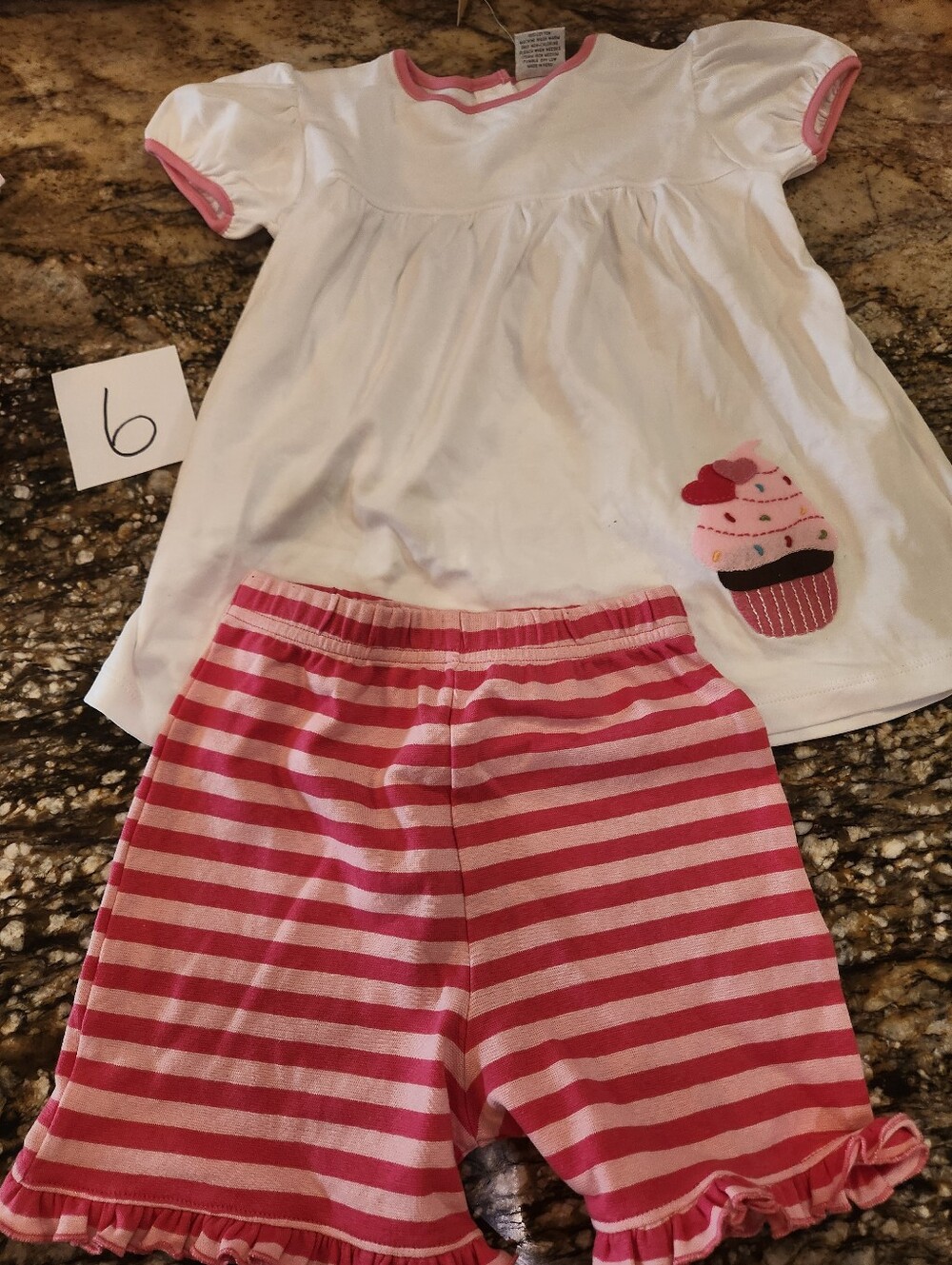 Girls White & Pink Cupcake Set — Short Sleeve Top & Striped Shorts